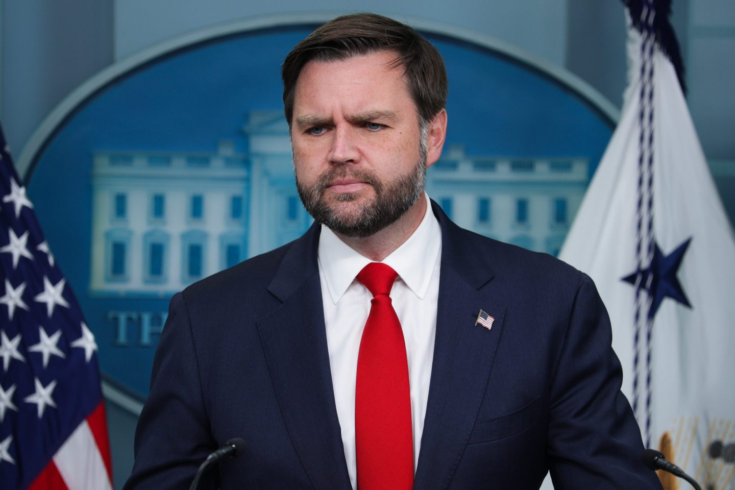 Vice President JD Vance takes questions from reporters during the daily press briefing at the White House on Oct. 1.