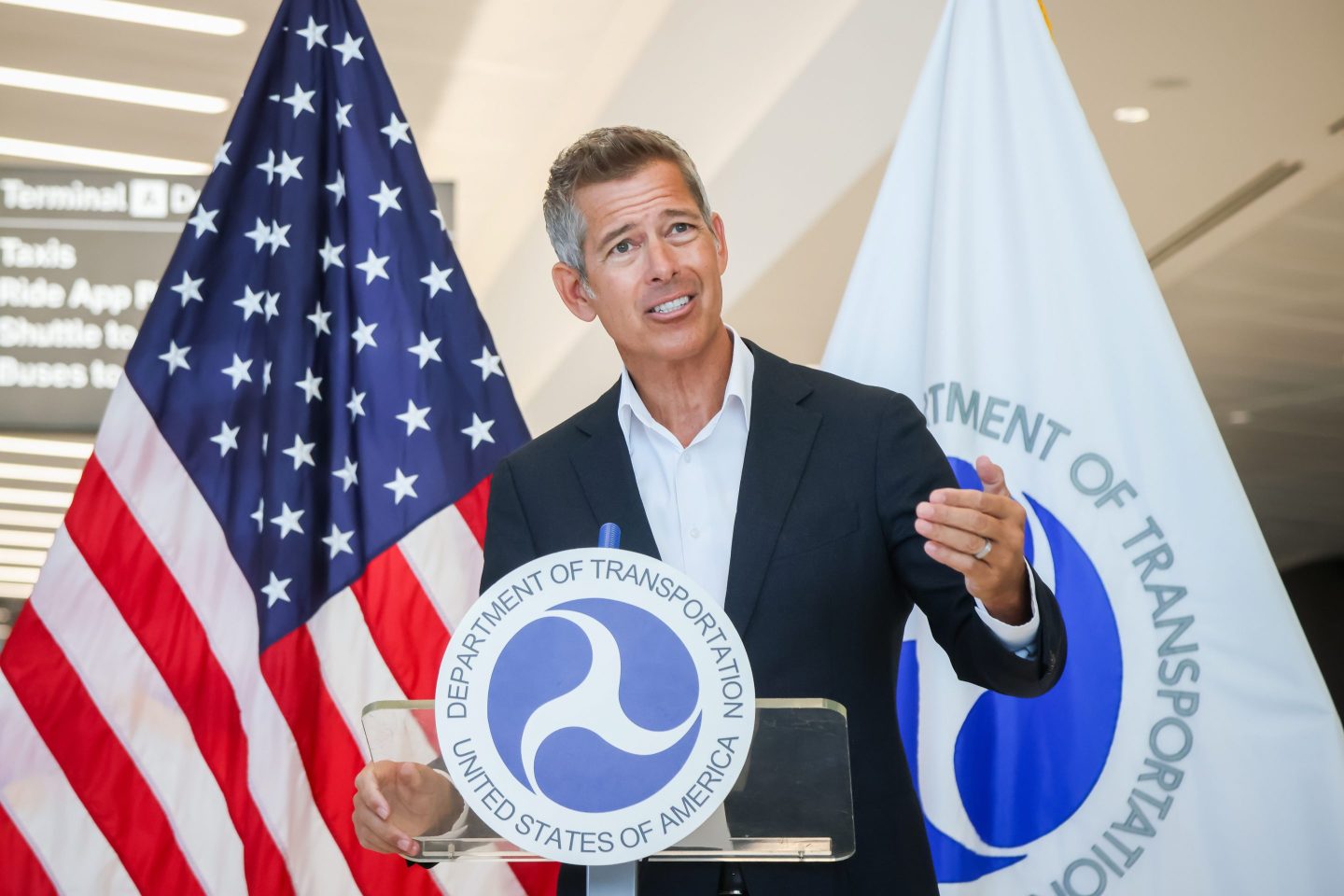 Sean Duffy, US secretary of transportation, during a news conference in Terminal A at Newark Liberty International Airport (EWR) in Newark, New Jersey, US, on Monday, Oct. 6, 2025. The White House tightened its pressure on congressional Democrats as a US government shutdown lurched into a second week, saying it would give the holdouts another chance to agree to the spending bill before initiating mass firings of federal workers. Photographer: Michael Nagle/Bloomberg via Getty Images