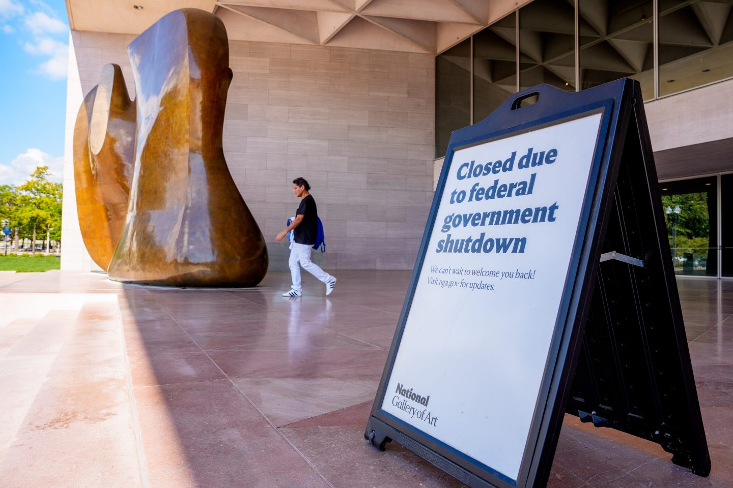 WASHINGTON, DC - OCTOBER 06: A man is turned away from entering the National Gallery of Art which has closed due to the government shutdown on October 06, 2025 in Washington, DC.