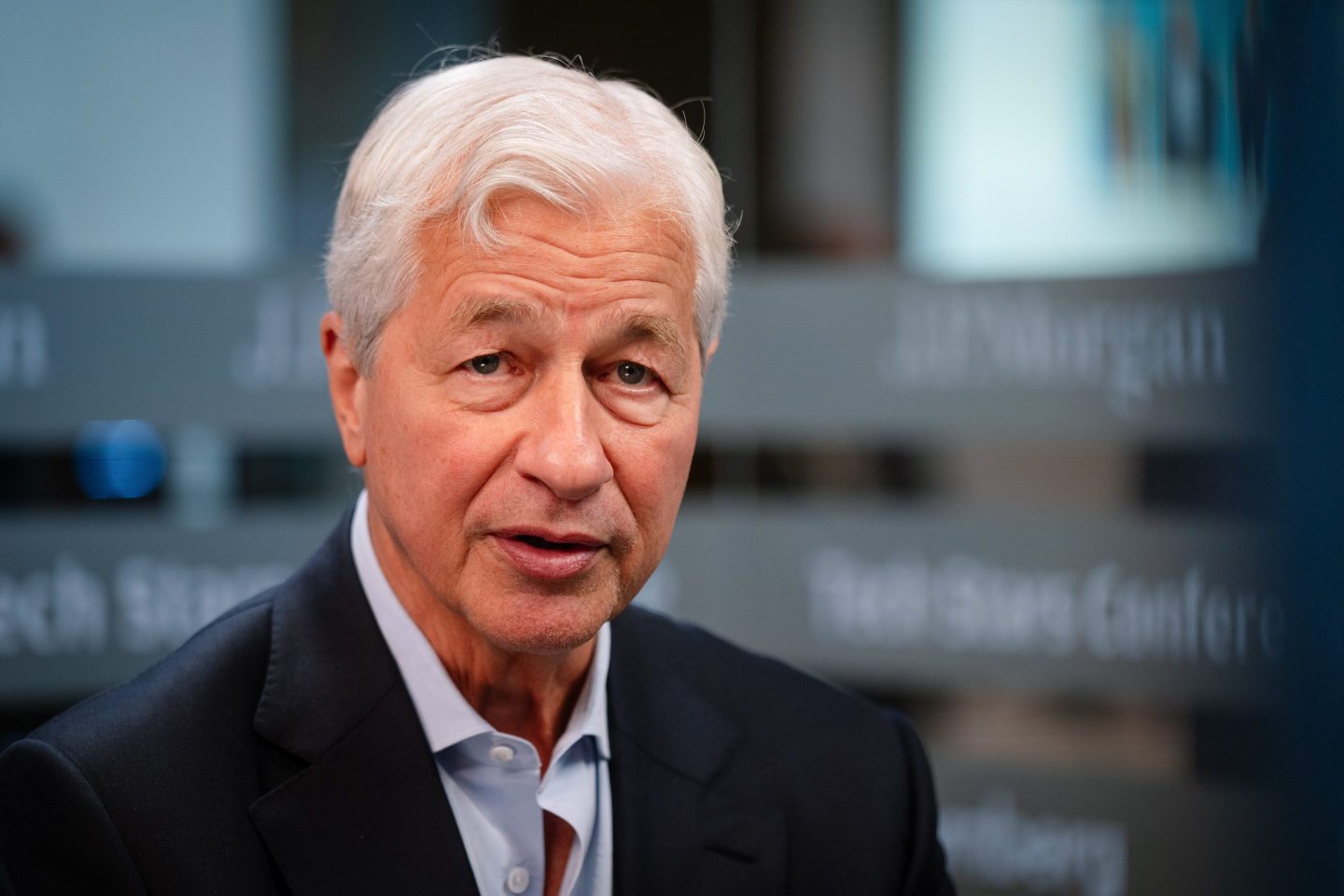 Jamie Dimon, chief executive officer of JPMorgan Chase & Co., during a Bloomberg Television on the sidelines of the JPMorgan Tech Stars Conference 2025 in London, UK, on Tuesday, Oct. 7, 2025.