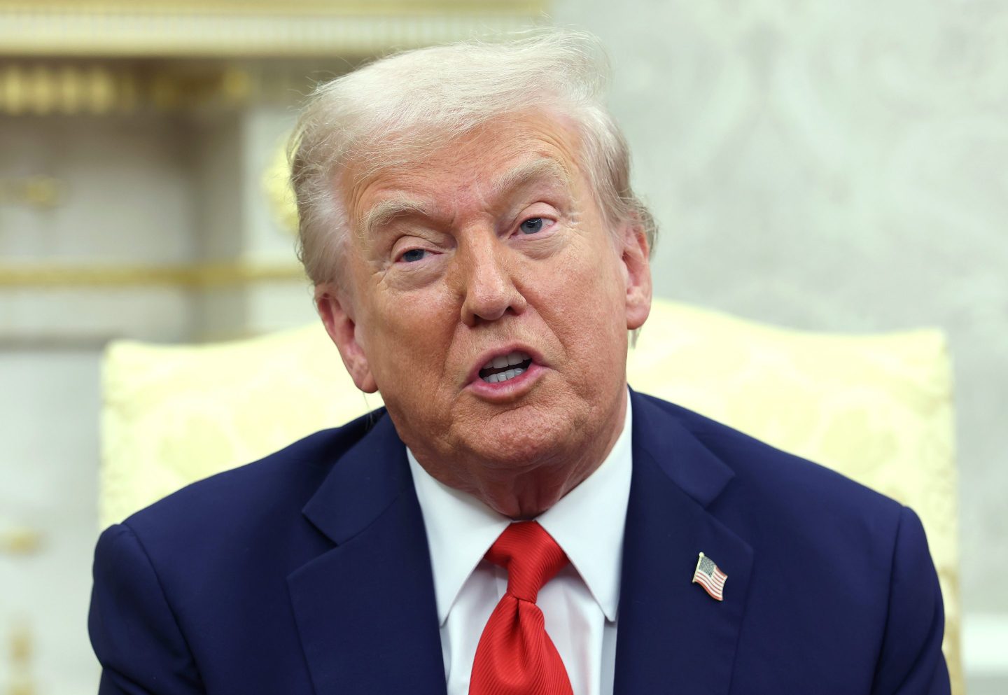 U.S. President Donald Trump delivers remarks during a meeting with Finland President Alexander Stubb in the Oval Office at the the White House White House on October 09, 2025 in Washington, DC