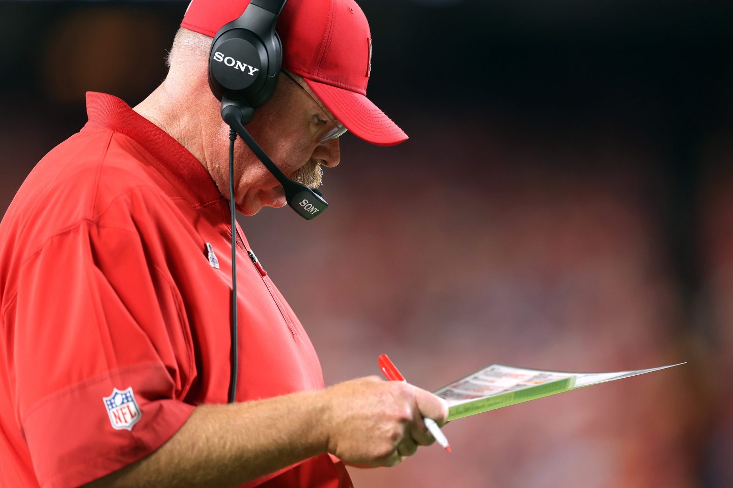 Head coach Andy Reid of the Kansas City Chiefs coaches from the sidelines during the game against the Detroit Lions at Arrowhead Stadium on October 12, 2025 in Kansas City, Missouri.