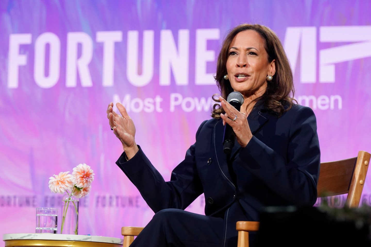 Former U.S. Vice President Kamala Harris speaks onstage during the Fortune Most Powerful Women Gala at the Washington National Cathedral on October 14, 2025 in Washington, DC.