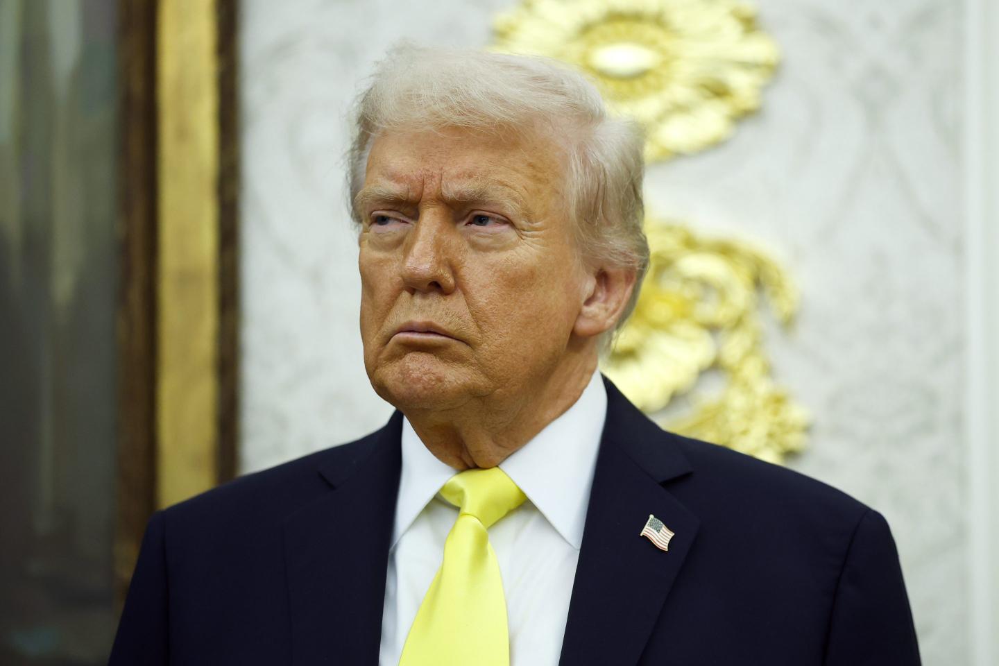 President Donald Trump looks on during a press conference in the Oval Office of the White House on October 15, 2025 in Washington, DC.