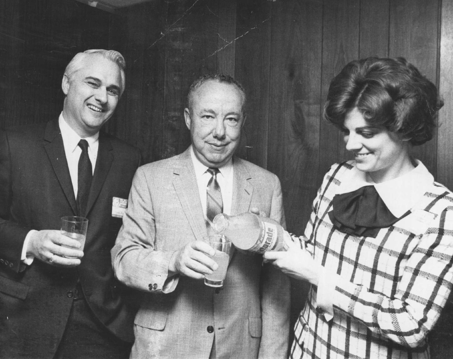 1969 Gatorade Passes Taste Test Wednesday at its Denver Introduction From left are Howard T. Brown, Ted E. Hayes and thirst expert Susan Hoehn.