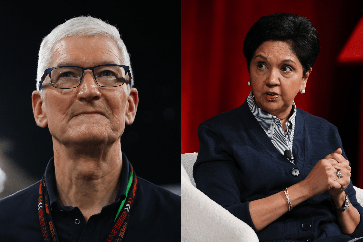 Left: Apple CEO Tim Cook. Right: Ex-PepsiCo CEO Indra Nooyi.