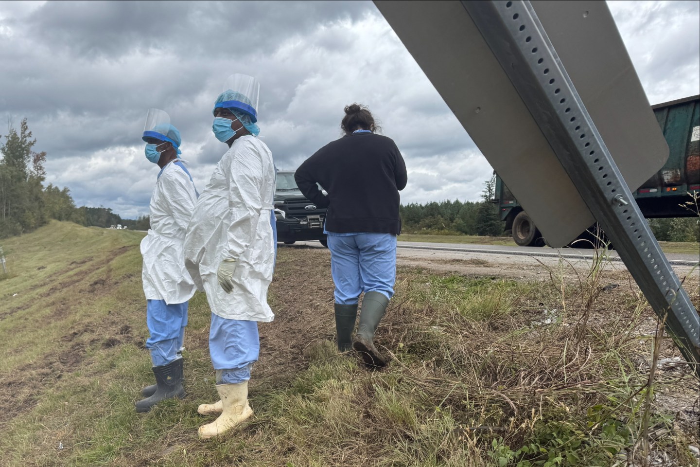 People wearing protective clothing search along a highway in Heidelberg, Miss., on Oct. 29, 2025, near the site of a truck which overturned Tuesday, that was carrying research monkeys.