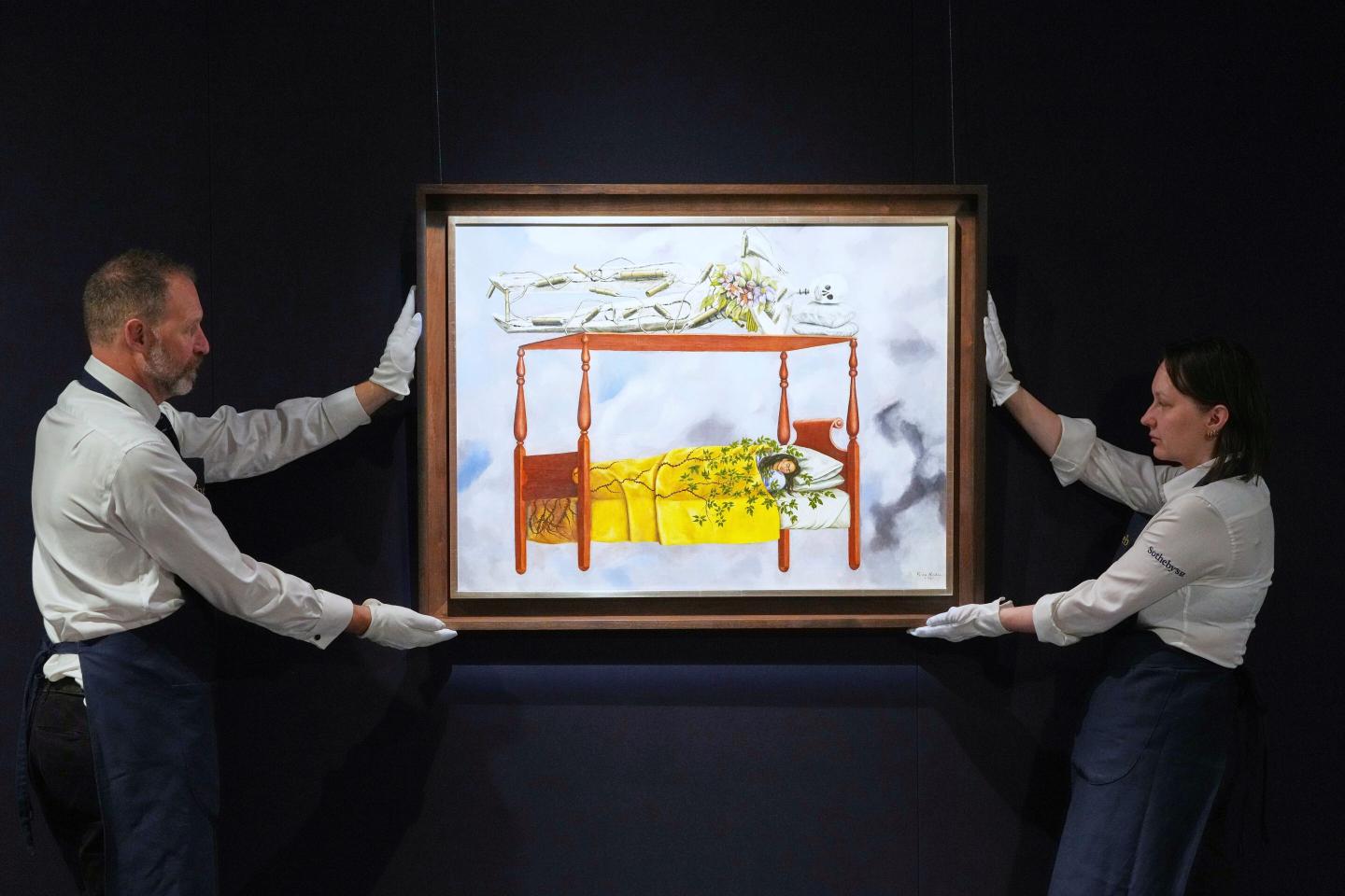 A painting by Frida Kahlo titled "El sueño (La cama)" or (The Dream (The Bed), is displayed at Sotheby's auction rooms in London, Sept. 19, 2025.
