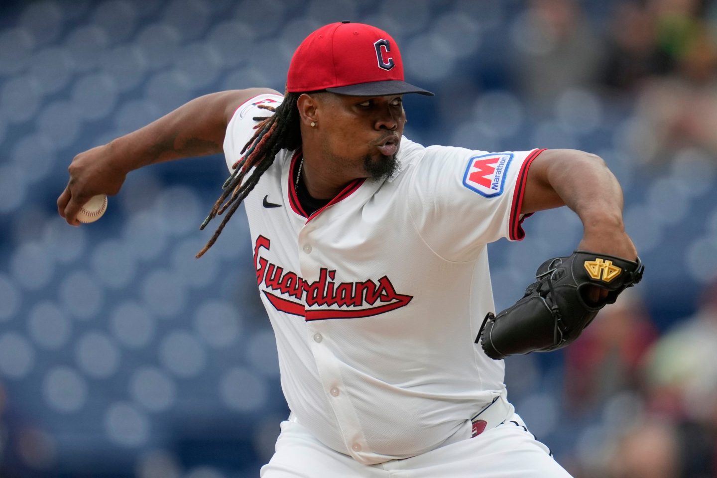 Cleveland Guardians' Luis Ortiz pitches in the first inning of a baseball game against the Minnesota Twins, in Cleveland, April 30, 2025.