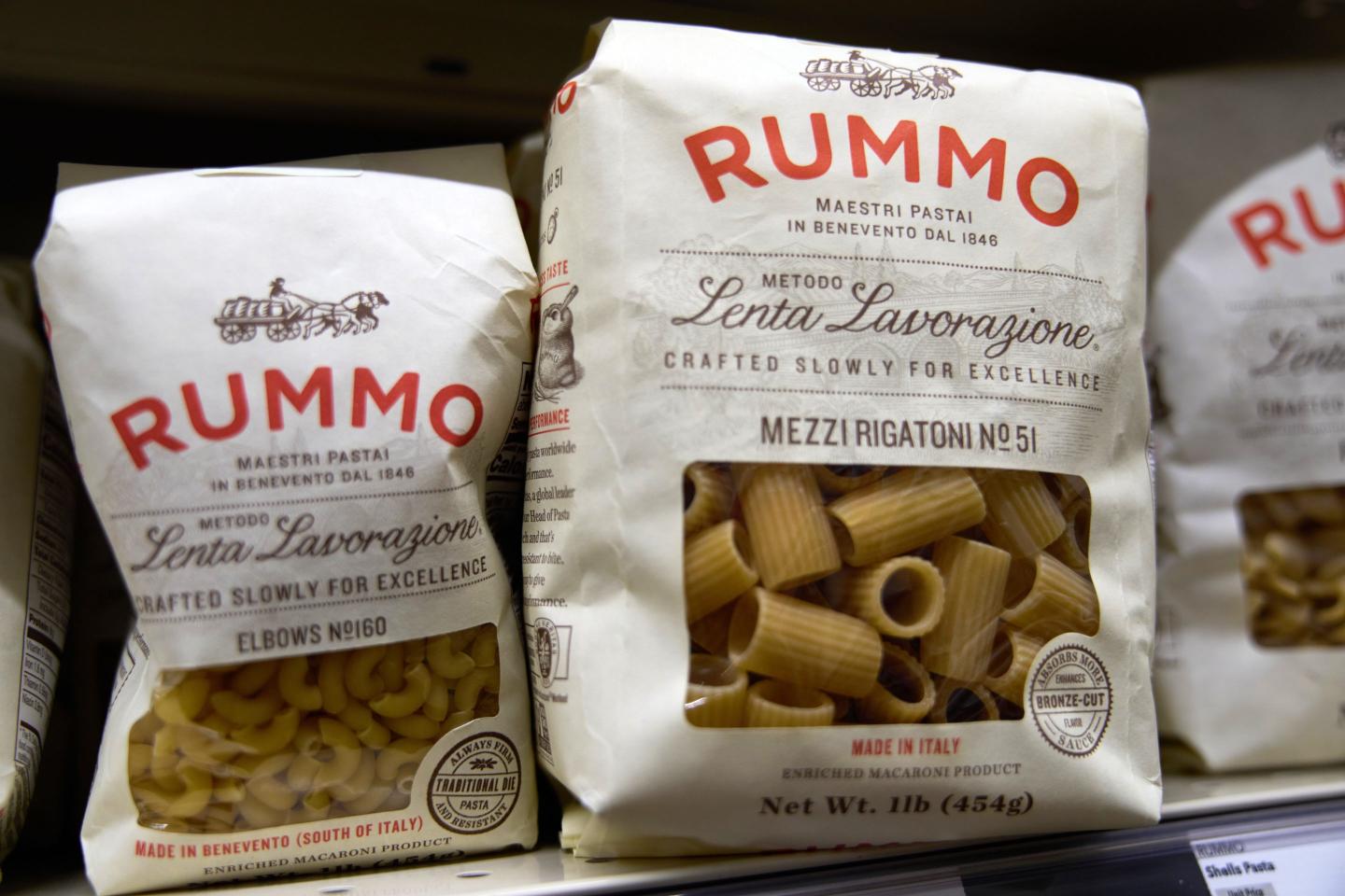 Packages of imported Italian pasta sit on shelves Tuesday, Nov. 11, 2025, in Detroit.