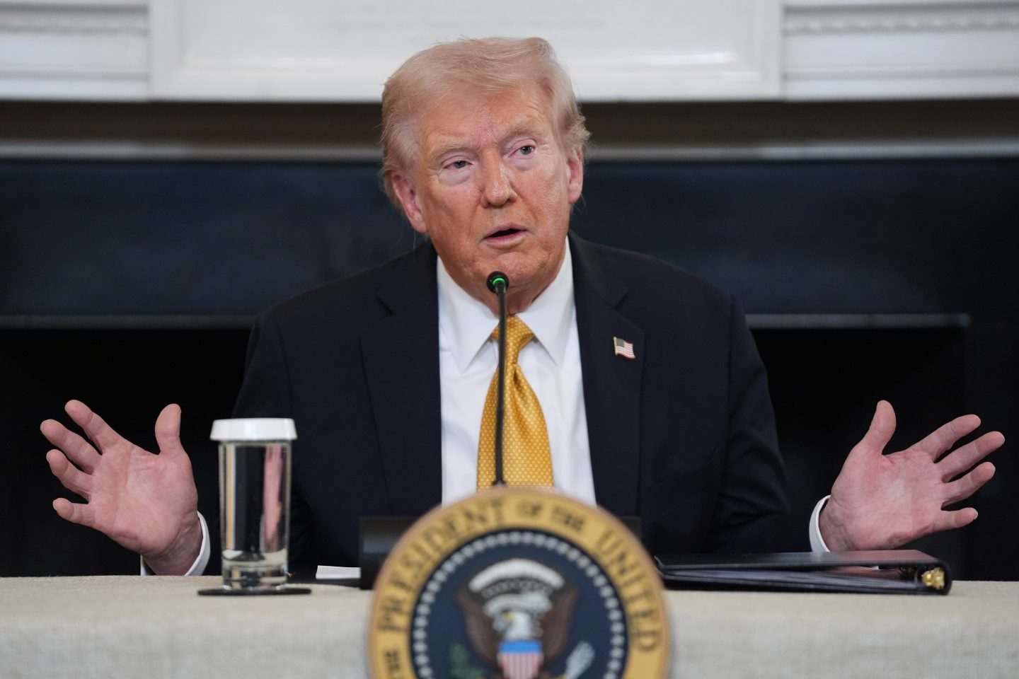 President Donald Trump answers questions from reporters during a roundtable on criminal cartels in the State Dining Room of the White House, Oct. 23, 2025.