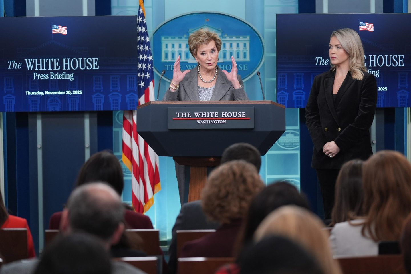 Education Secretary Linda McMahon speaks during a press briefing at the White House on Thursday.