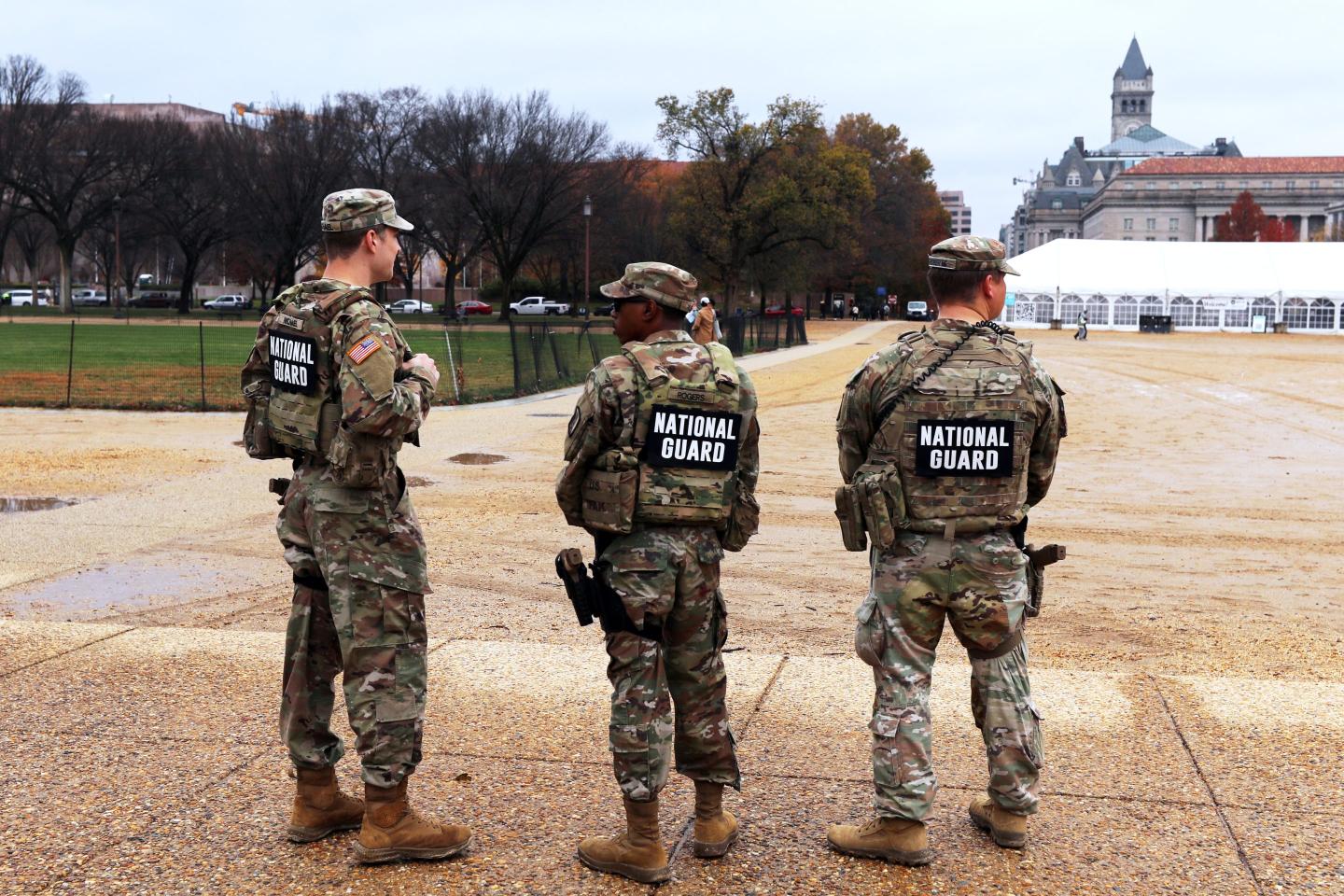 National Guard members stand on the National Mall in Washington DC