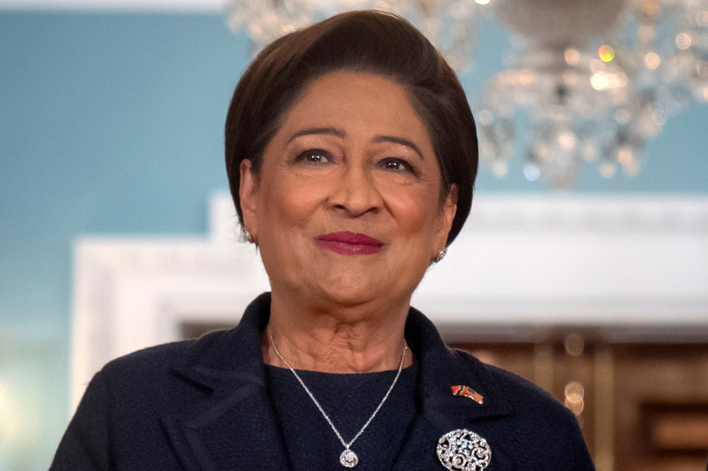 Trinidad and Tobago Prime Minister Kamla Persad-Bissessar stands at the State Department in Washington, Sept. 30, 2025.