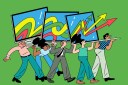 Illustration of several people carrying giant laptops