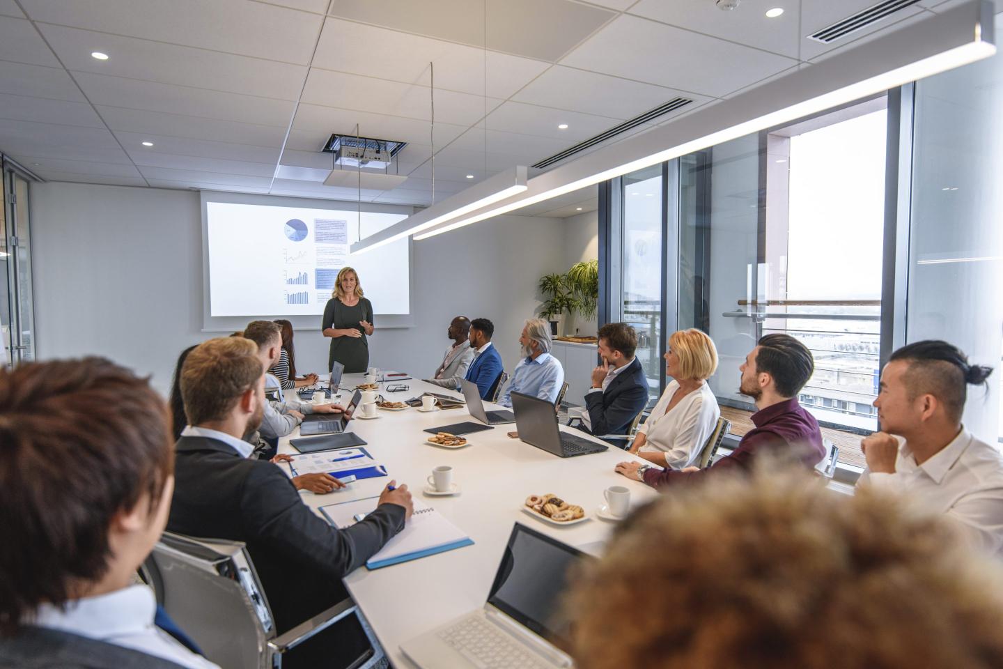Over the shoulder view of executive team listening to mature female CEO presenting project plans for the coming year.