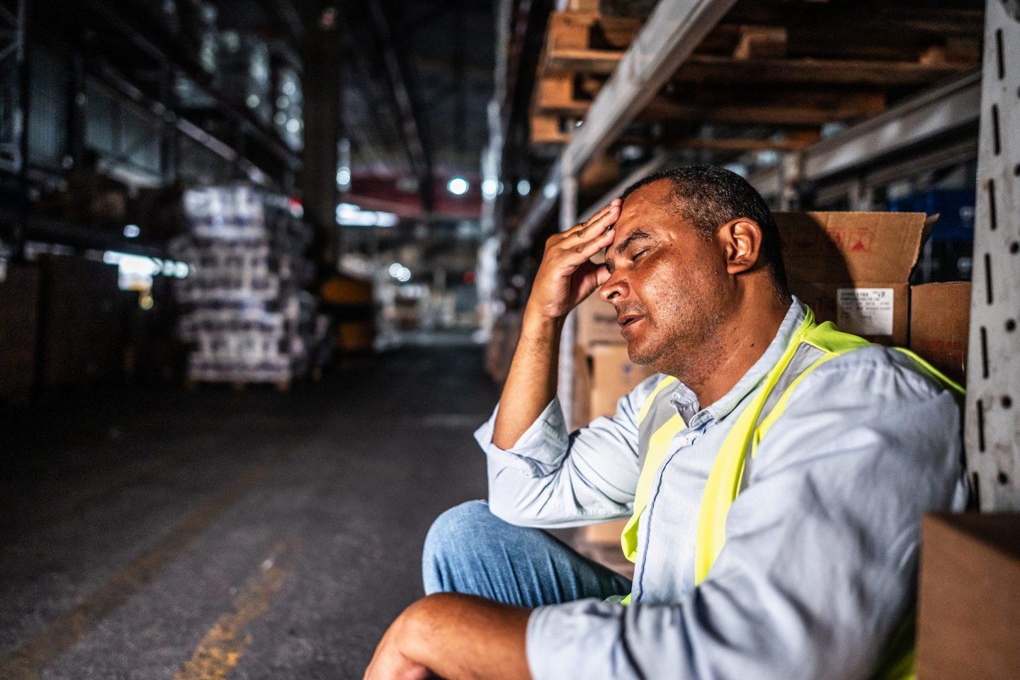 A man in a yellow safety vest squats in a warehouse next to some boxes, looking down with his head in his hand.