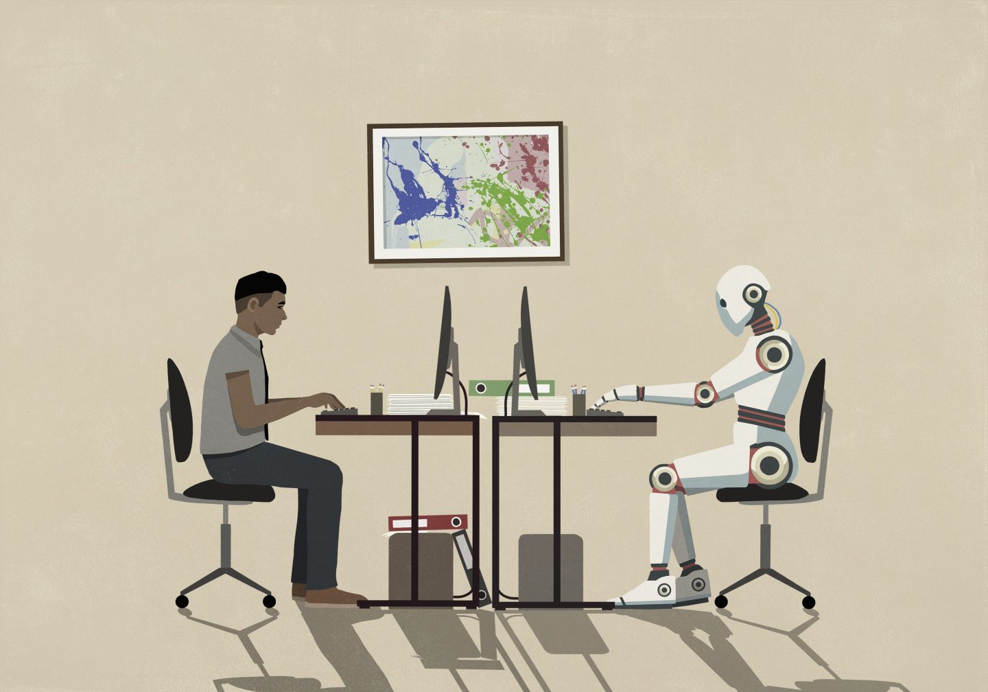 Drawing of a man and a humanoid robot working face to face at computers