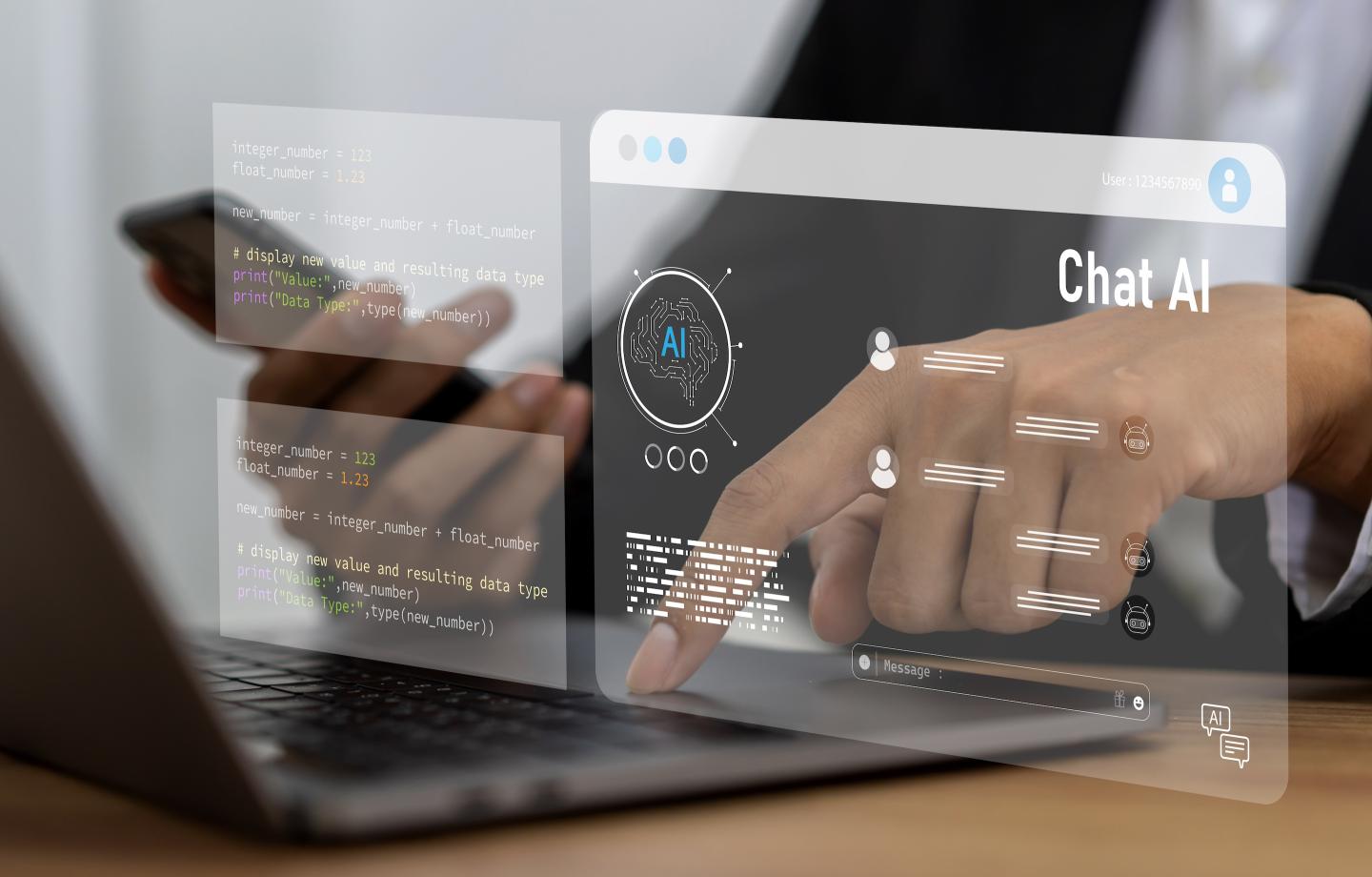 AI technology concept with artificial intelligence chatbot and generative smart system, robotic, deep learning network, digital assistant, machine learning, algorithm, innovation and data processing.