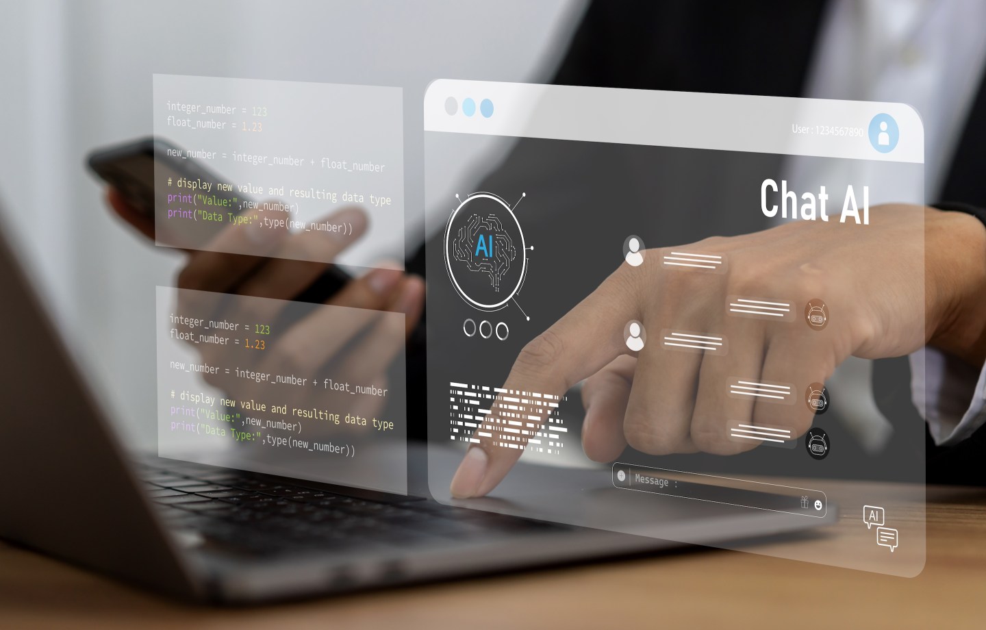 AI technology concept with artificial intelligence chatbot and generative smart system, robotic, deep learning network, digital assistant, machine learning, algorithm, innovation and data processing.