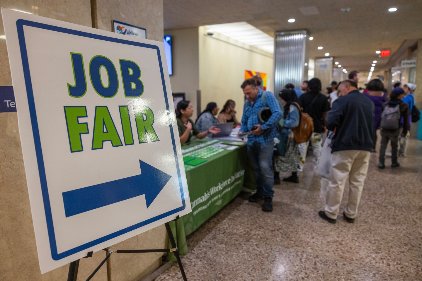 A sign at a NYS Department Of Labor job fair at the Downtown Central Library in Buffalo, New York, US, on Wednesday, Aug. 27, 2025.