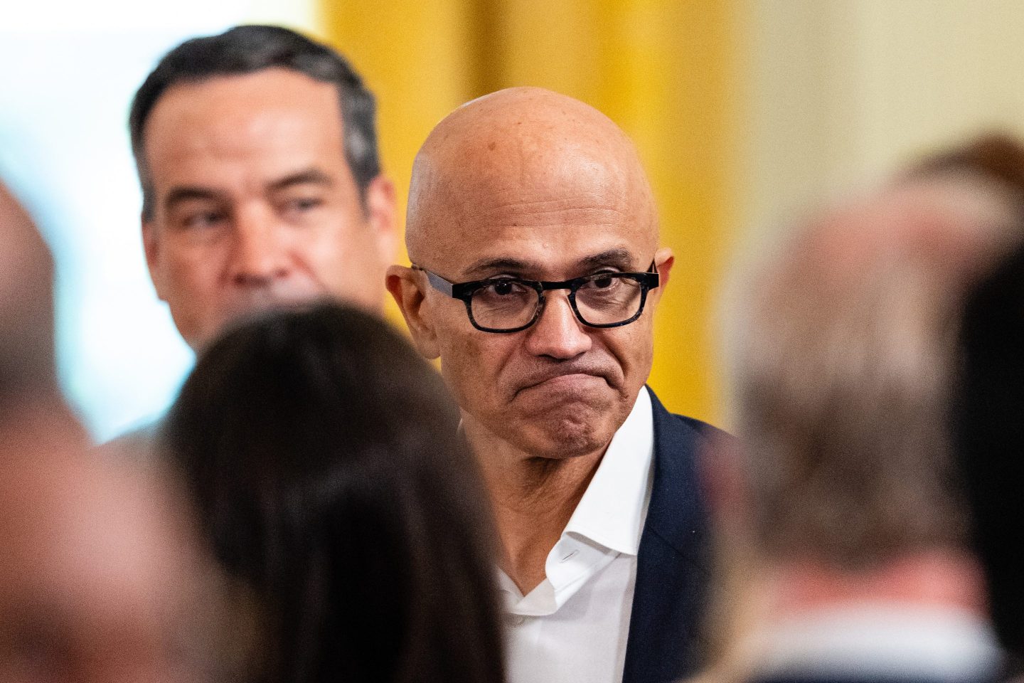 Satya Nadella, chief executive officer of Microsoft Corp., departs following a meeting of the White House Task Force on AI Education in the East Room of the White House in Washington, DC, US, on Thursday, Sept. 4, 2025