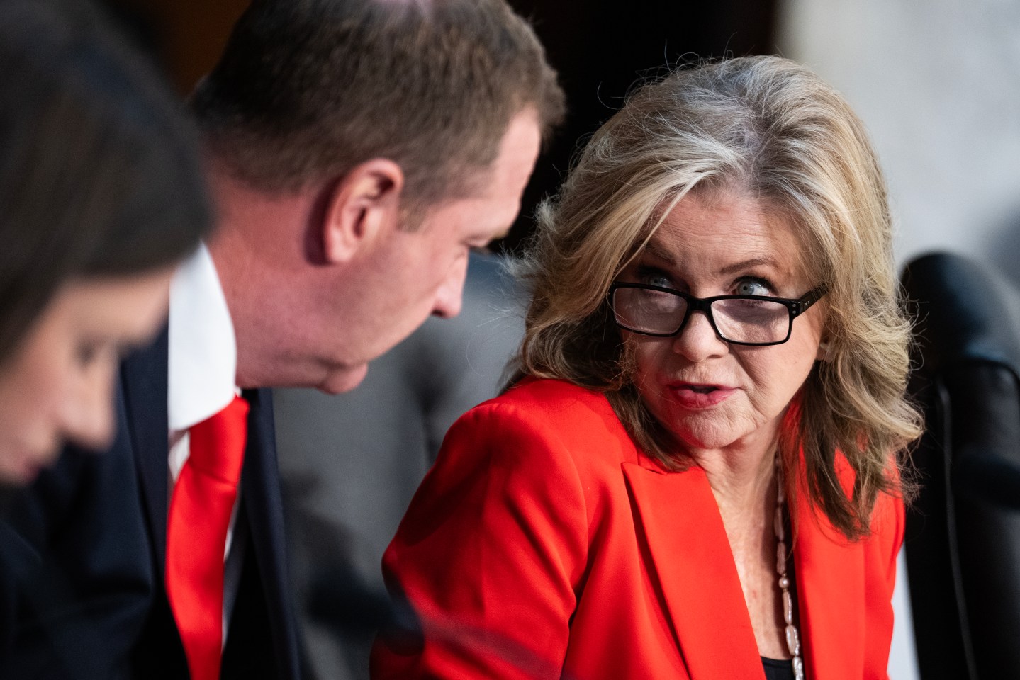 Sen. Marsha Blackburn (R-Tenn., right) with Sens. Eric Schmitt (R-Mo.) and Katie Britt (R-Ala.) during a Senate hearing on September 16, 2025 in Washington, D.C. (Tom Williams/CQ-Roll Call/Getty Images)