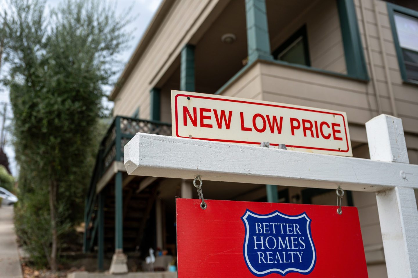A "New Low Price" sign in front of a home in Crockett, California, on Sept. 24, 2025.