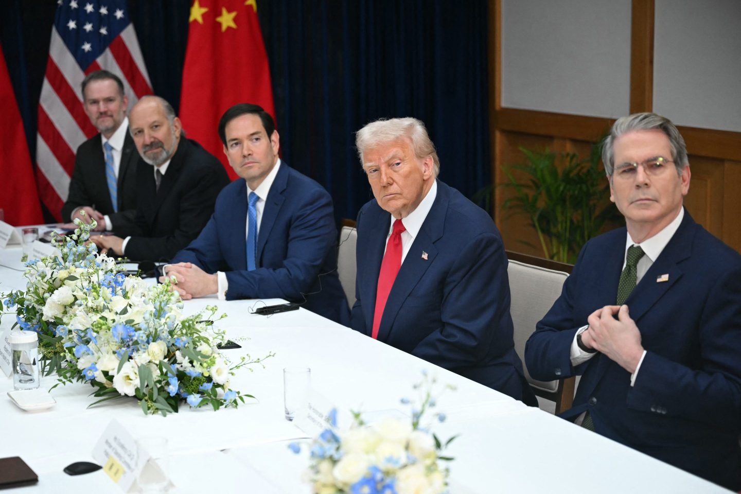 From left: U.S. Trade Representative Jamieson Greer, Secretary of Commerce Howard Lutnick, Secretary of State Marco Rubio, President Donald Trump, and Treasury Secretary Scott Bessent attend talks with Chinese President Xi Jinping at the Gimhae Air Base in South Korea, Oct. 30, 2025.