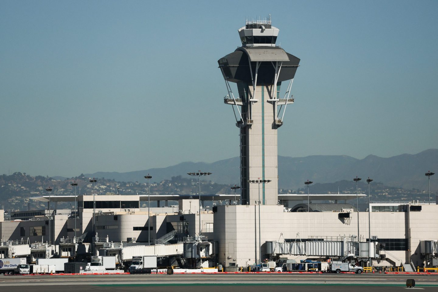 An air traffic control tower at Los Angeles International Airport on October 30, 2025.