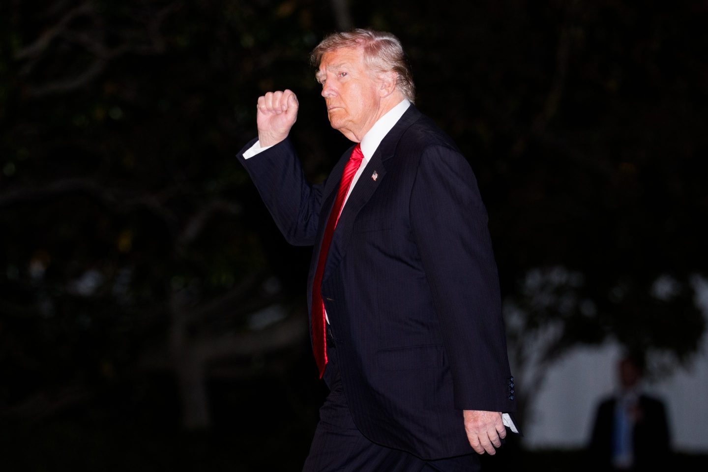 U.S. President Donald Trump gestures as he arrives at the White House on November 2, 2025 in Washington, DC.