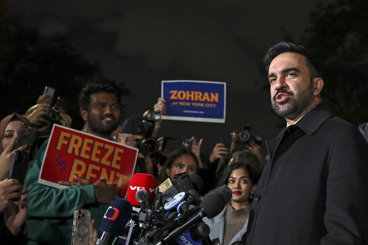 Democratic New York City mayoral candidate Zohran Mamdani speaks during a campaign event in New York on November 3, 2025.