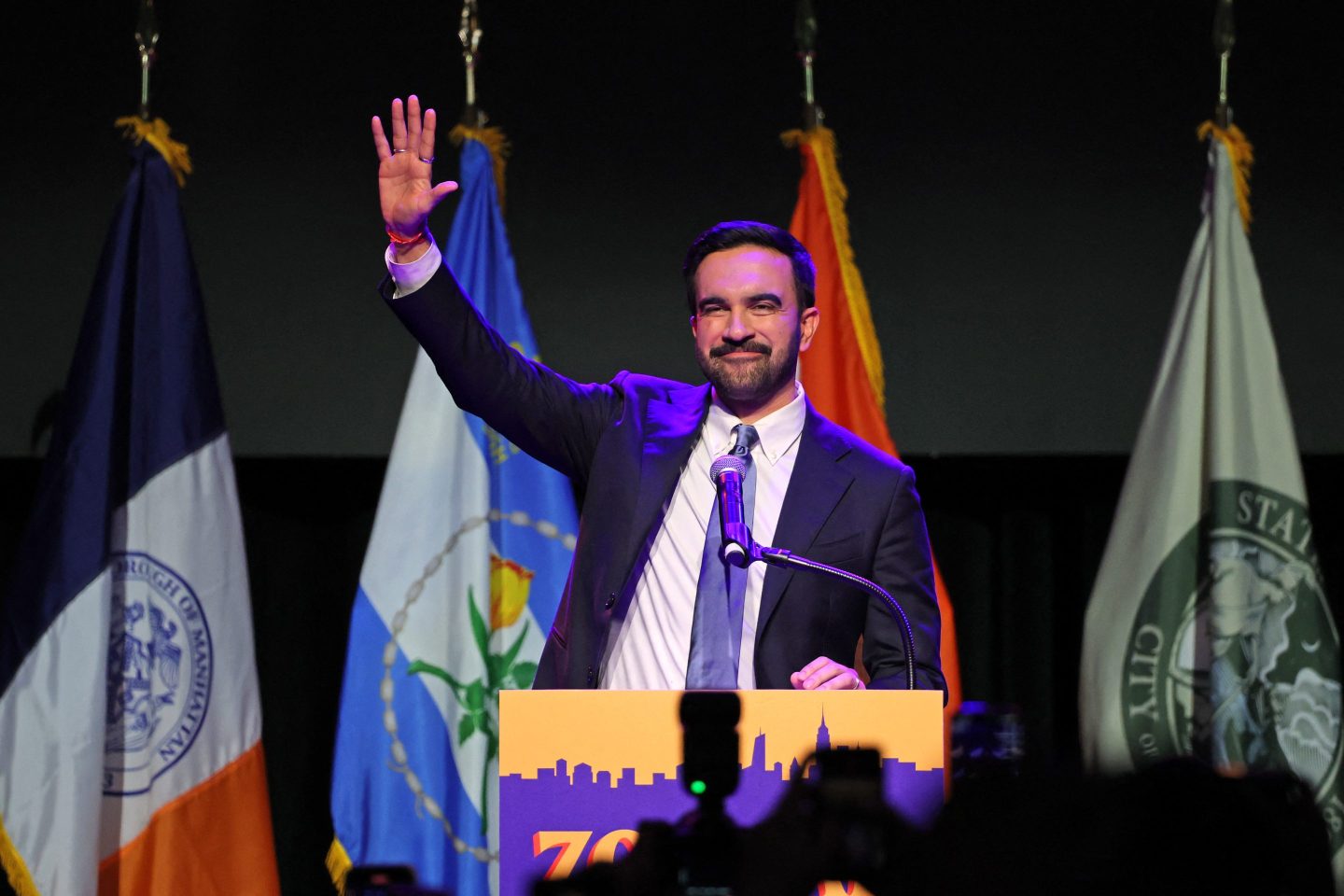New York City Mayor-elect Zohran Mamdani celebrates his win at the Brooklyn Paramount Theater in Brooklyn, New York on November 4, 2025.