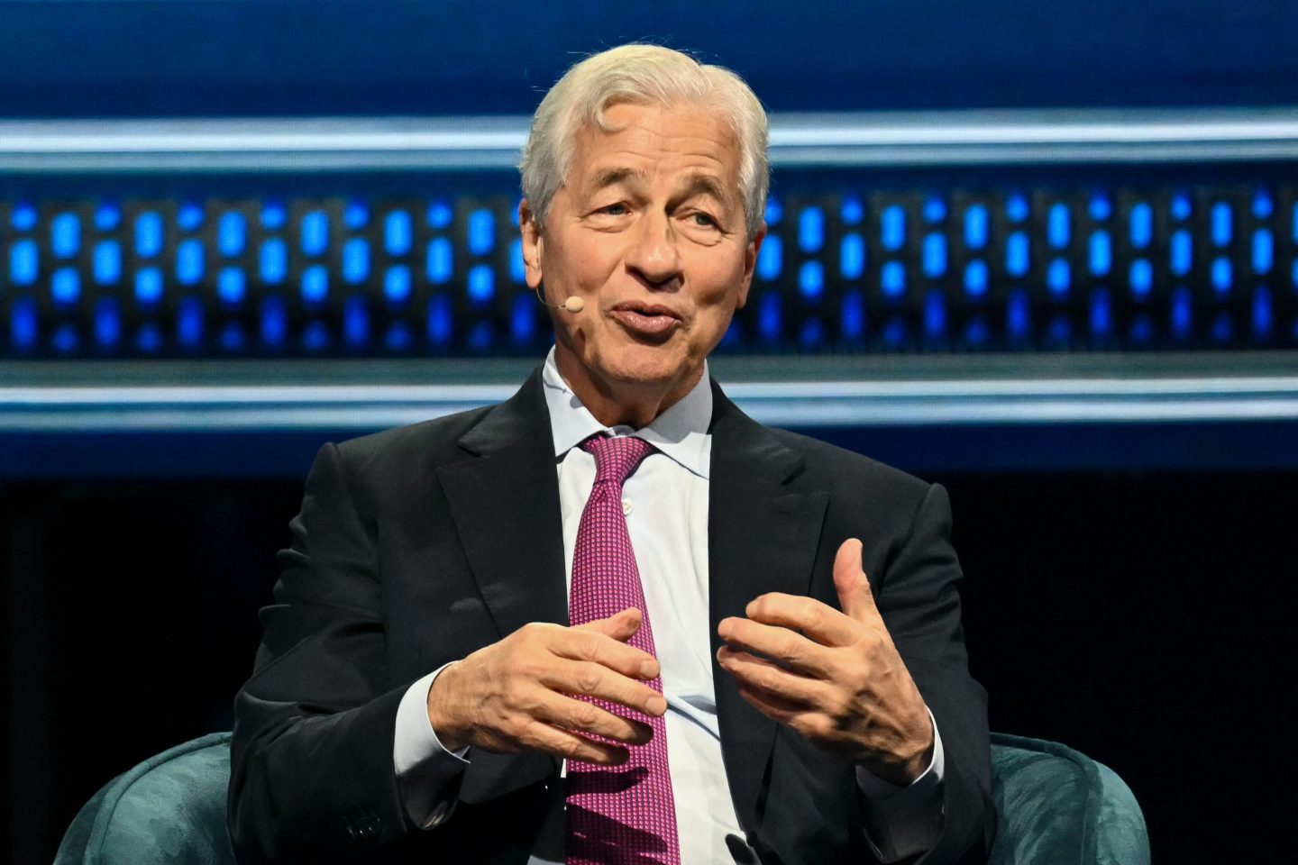 Jamie Dimon, CEO of JP Morgan Chase, speaks at the American Business Forum at the Kaseya Center in Miami on November 6, 2025.