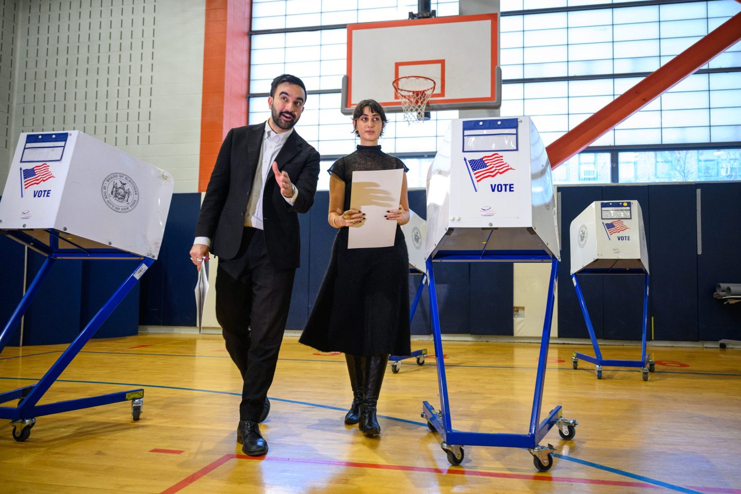 Democratic Mayoral Candidate Zohran Mamdani and his wife, Rama Duwaji, votes at The Frank Sinatra School of the Arts on November 04, 2025 in the Queens borough of New York City.