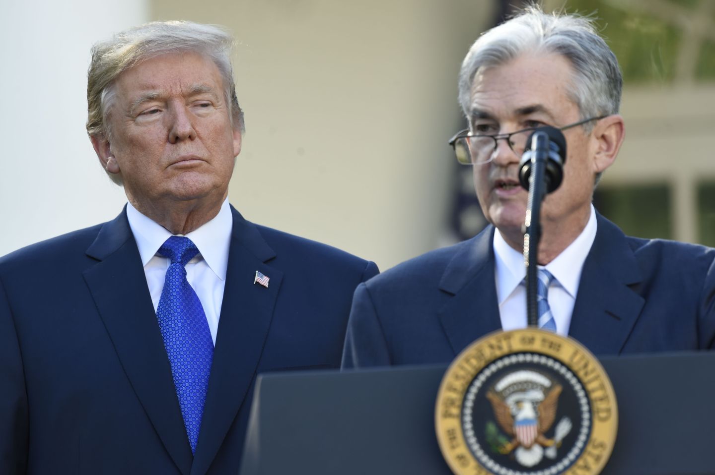 Jerome Powell (R) speaks after being nominated for Chairman of the Federal Reserve by US President Donald Trump (L) in the Rose Garden of the White House in Washington, DC, November 2, 2017.