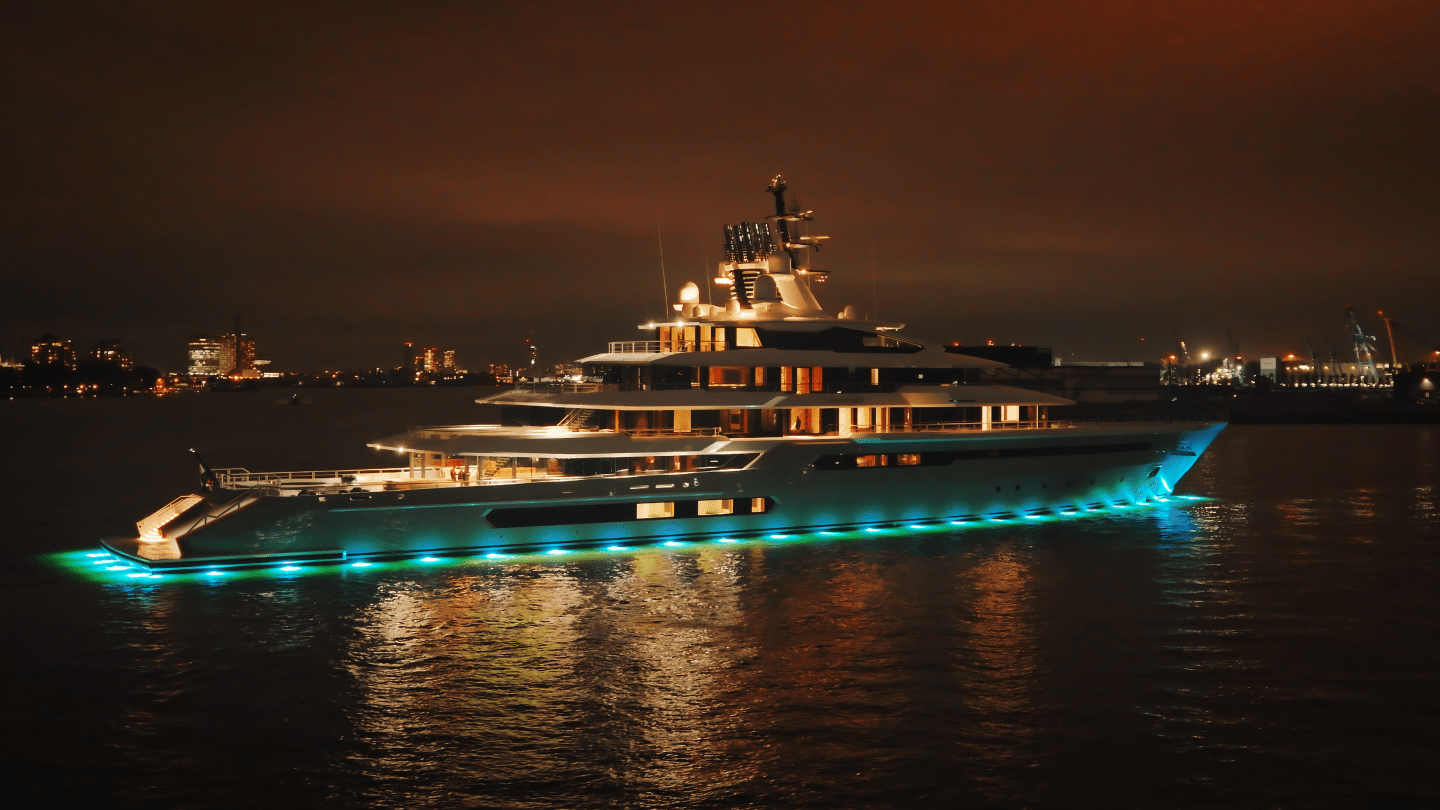 The Leviathan superyacht, from Oceanco, at night