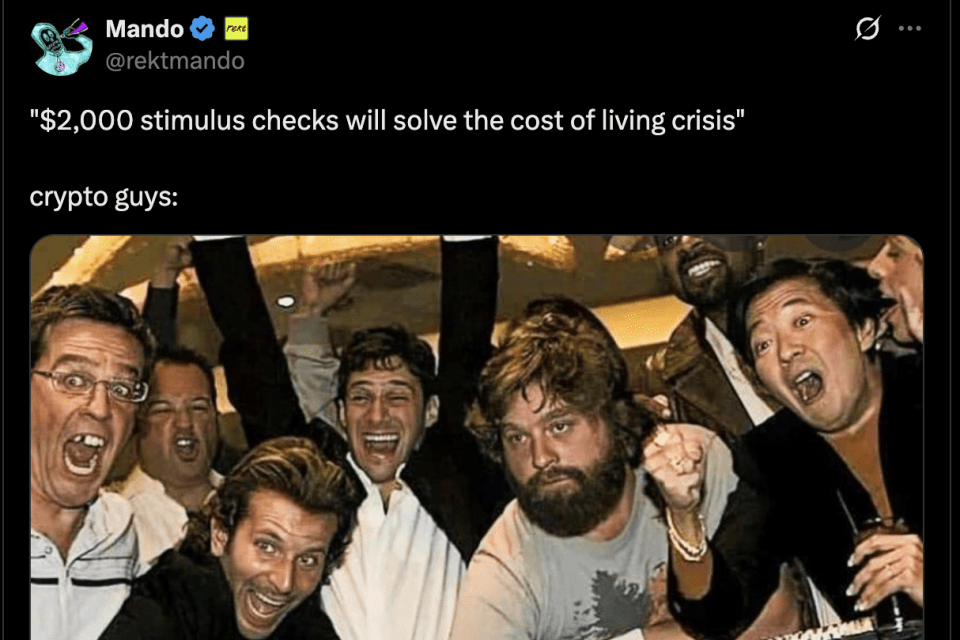 A screenshot of tweet in which the photo shows men gambling with the text above saying, "'$2,000 stimulus checks will solve the cost of living crisis' crypto guys:" 