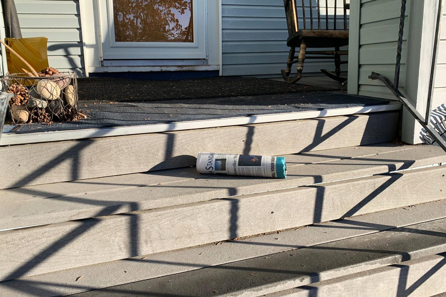 This photo provided by Colleen Elliott shows the Montana Standard laying on her doorstep, Saturday, Oct. 18, 2025, in Butte, Mont. 