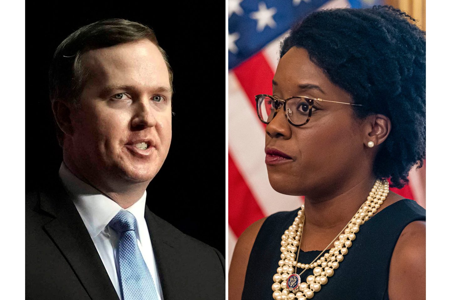 FILE - This combination photo shows Brian Jack, left, speaking at a campaign rally, March 9, 2024, in Rome, Ga. and Lauren Underwood speaking with reporters, Aug. 9, 2022, in Washington. (AP Photo/Mike Stewart, Nathan Howard)