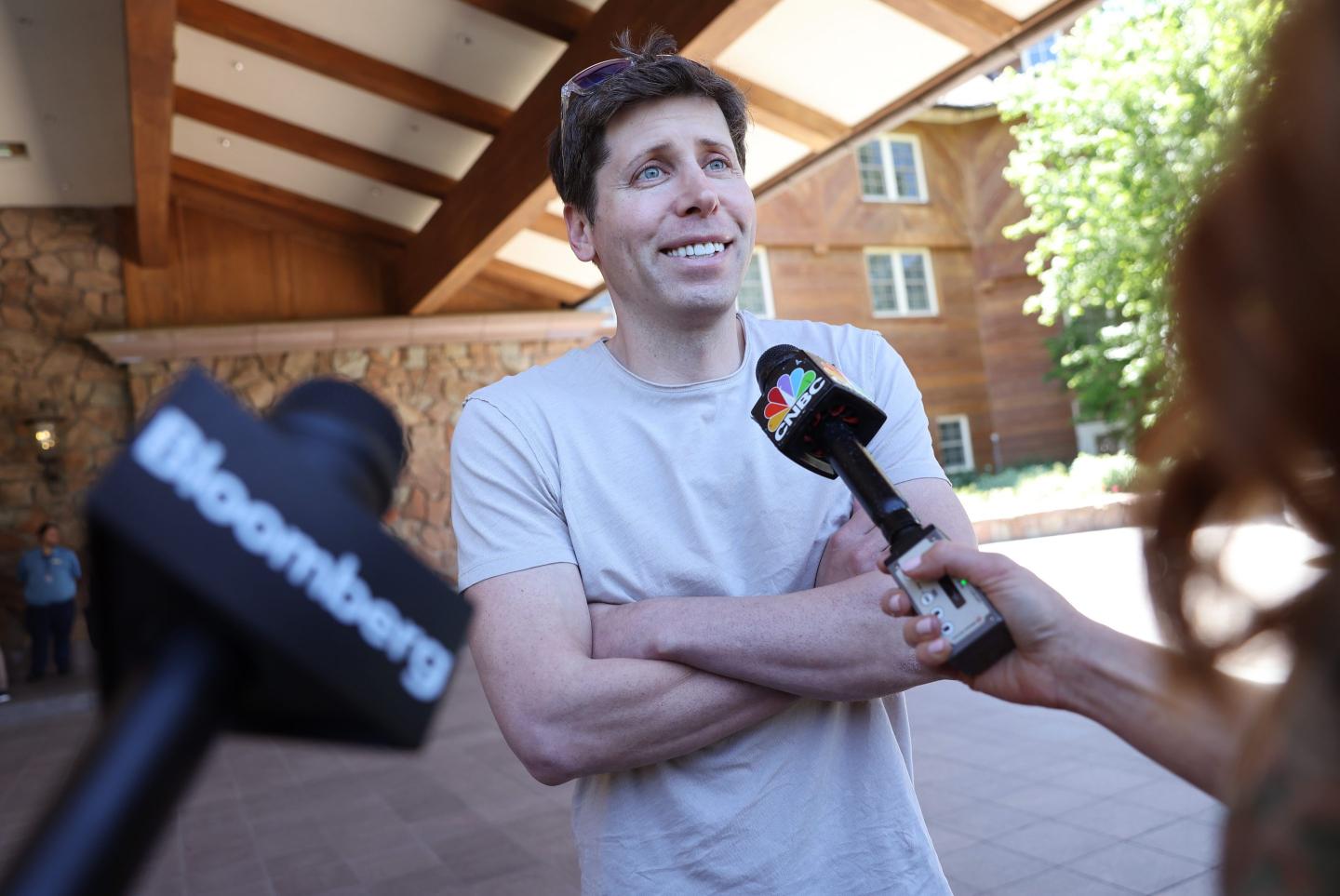 Sam Altman, CEO of OpenAI, speaks to the media as he arrives at the Sun Valley Lodge for the Allen &amp; Company Sun Valley Conference on July 11, 2023 in Sun Valley, Idaho.