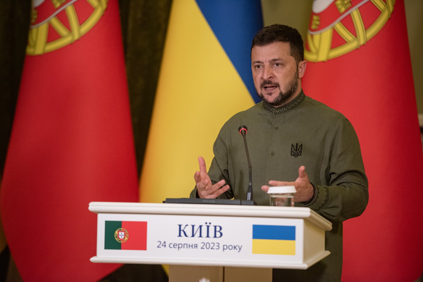 Ukrainian President Volodymyr Zelensky gives a joint press conference in Kyiv, Ukraine in 2023 as European leaders visit the country 18 months after the start of Russia's invasion.