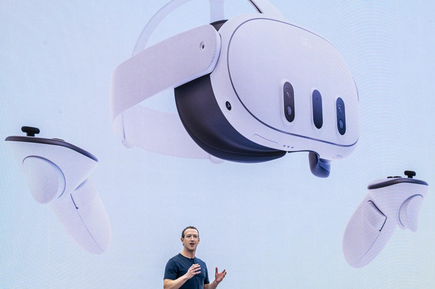 Mark Zuckerberg, chief executive officer of Meta Platforms Inc., during the Meta Connect event in Menlo Park, California, US, on Wednesday, Sept. 27, 2023. Meta Platforms Inc. introduced its latest lineup of head-worn devices, staking fresh claim to the virtual and augmented-reality industry just ahead of Apple Inc. pushing into the market. Photographer: David Paul Morris/Bloomberg via Getty Images
