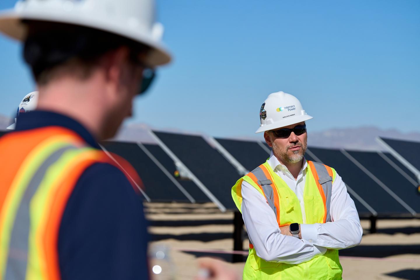 Sheldon Kimber, CEO of Intersect Power, right, at the Oberon Solar plant near Desert Center, California, on Oct. 25, 2023. (Photo: Lauren Justice/Bloomberg/Getty Images)