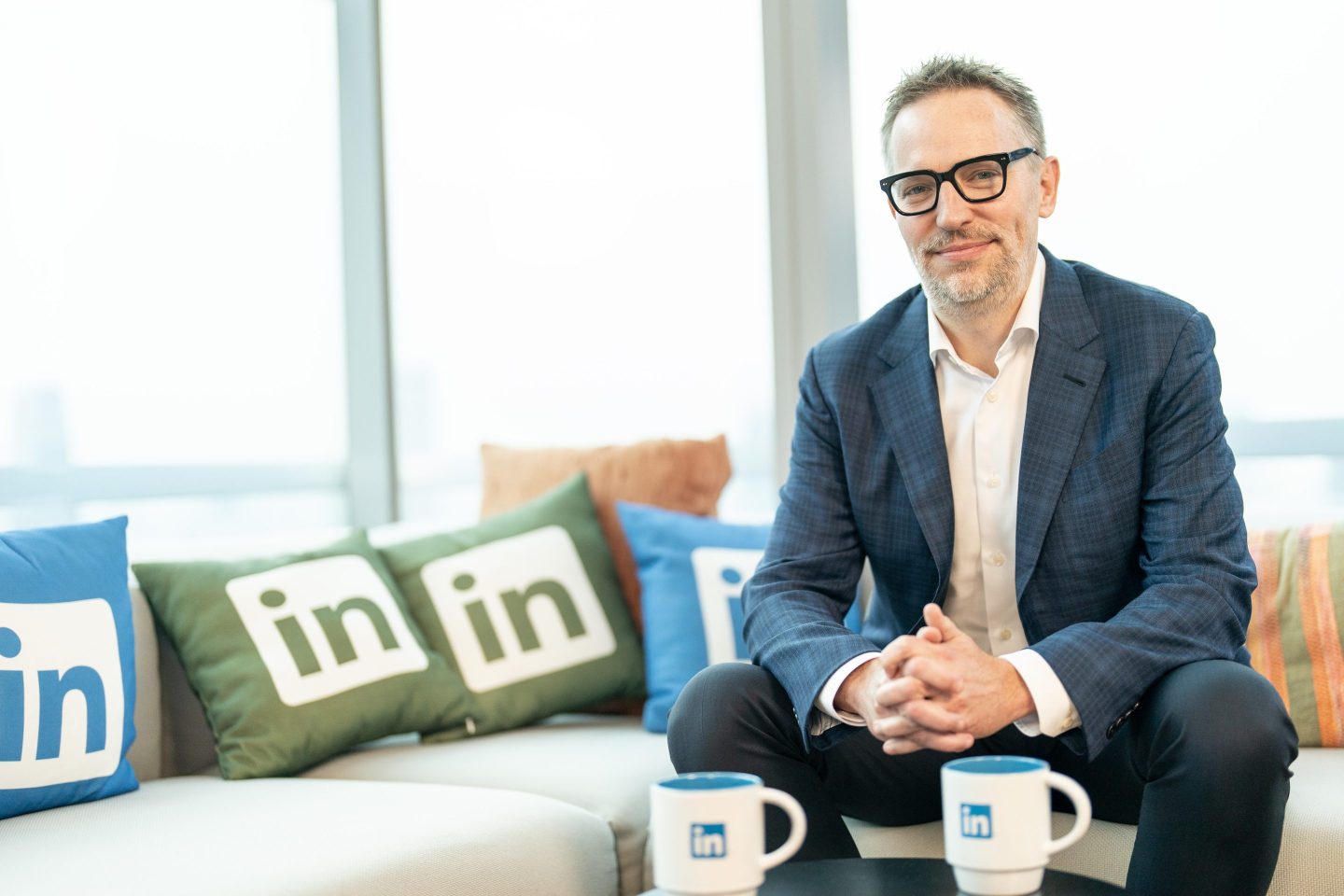 Ryan Roslansky, chief executive officer of LinkedIn Corp., in Singapore, on Thursday, Oct. 17, 2024. Acquired by Microsoft in 2016 for $26 billion, LinkedIn has pushed for more engaging content for years, luring influencer-types while encouraging people to post more often. Photographer: Bryan van der Beek/Bloomberg via Getty Images