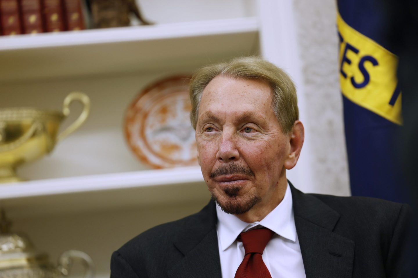 Oracle co-founder, CTO and Executive Chairman Larry Ellison listens as U.S. President Donald Trump speaks to reporters in the Oval Office of the White House on February 03, 2025 in Washington, DC.