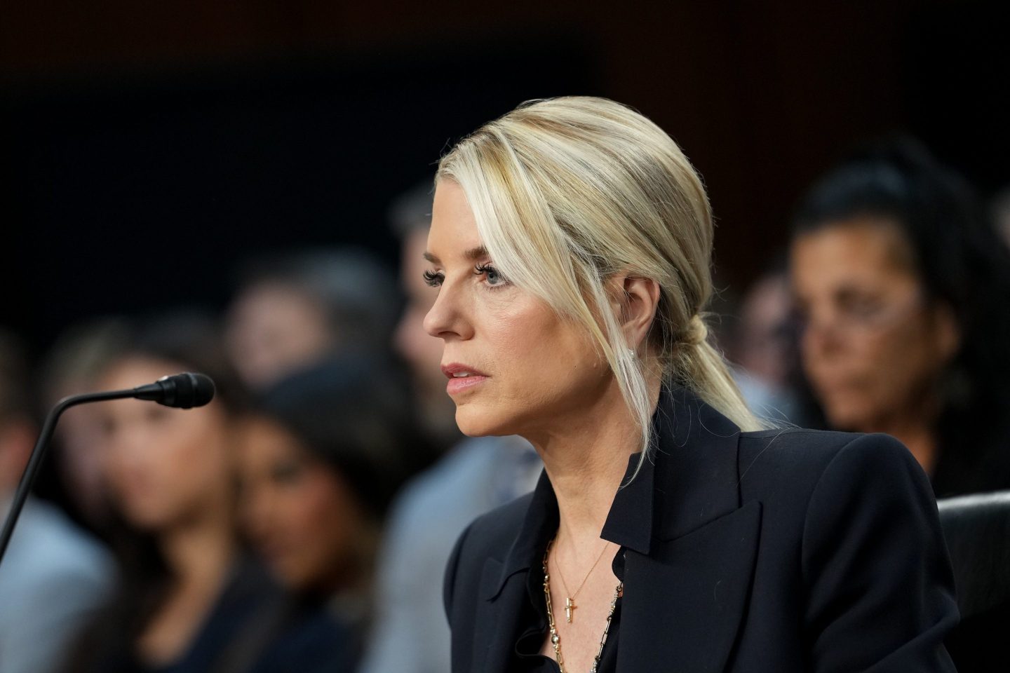 Pam Bondi, US attorney general, during a Senate Judiciary Committee hearing in Washington, DC, US, on Tuesday, Oct. 7, 2025. Bondi is being questioned by members of the Senate Judiciary Committee for the first time since being confirmed, with Senators expected to ask about the exodus of staff at the Justice Department, the indictment of former FBI director James Comey, and the Epstein files. Photographer: Eric Lee/Bloomberg via Getty Images