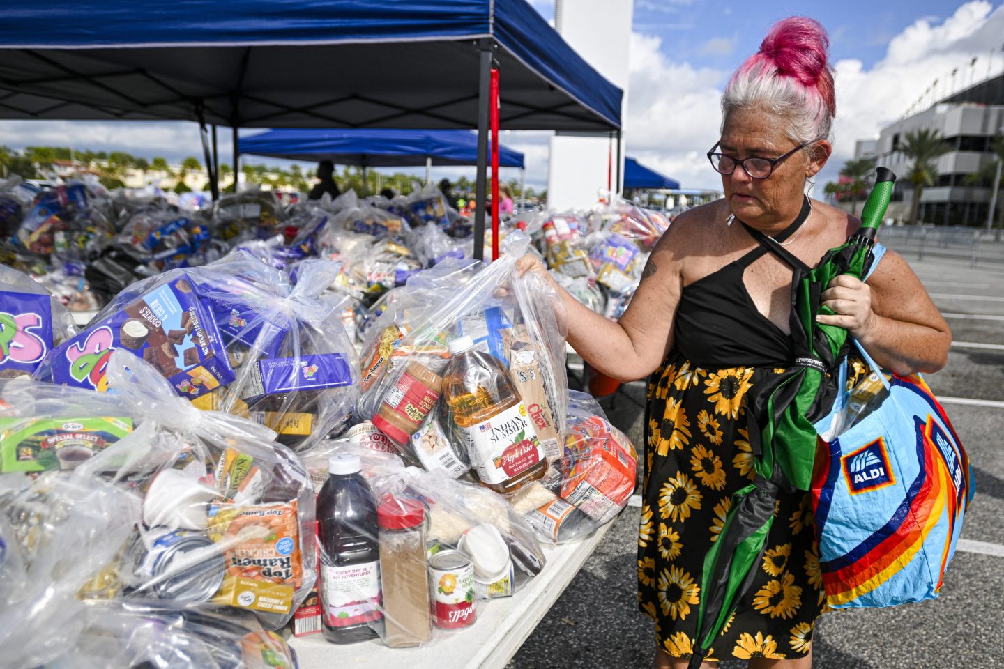 A woman takes a bag of groceries during a free food distribution for recipients of the Supplemental Nutrition Assistance Program (SNAP) organized by the Volusia County Sheriff's Office and The Jewish Federation at the Daytona International Speedway in Daytona Beach, Florida, on November 9, 2025.