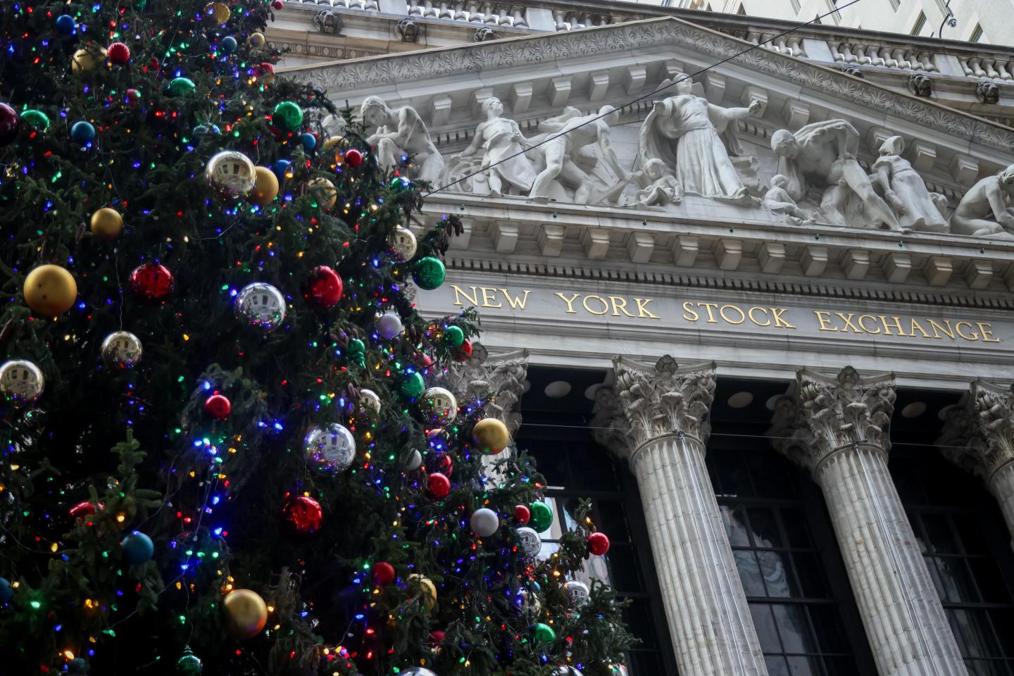 A Christmas tree outside the New York Stock Exchange on Monday, Dec. 8, 2025.