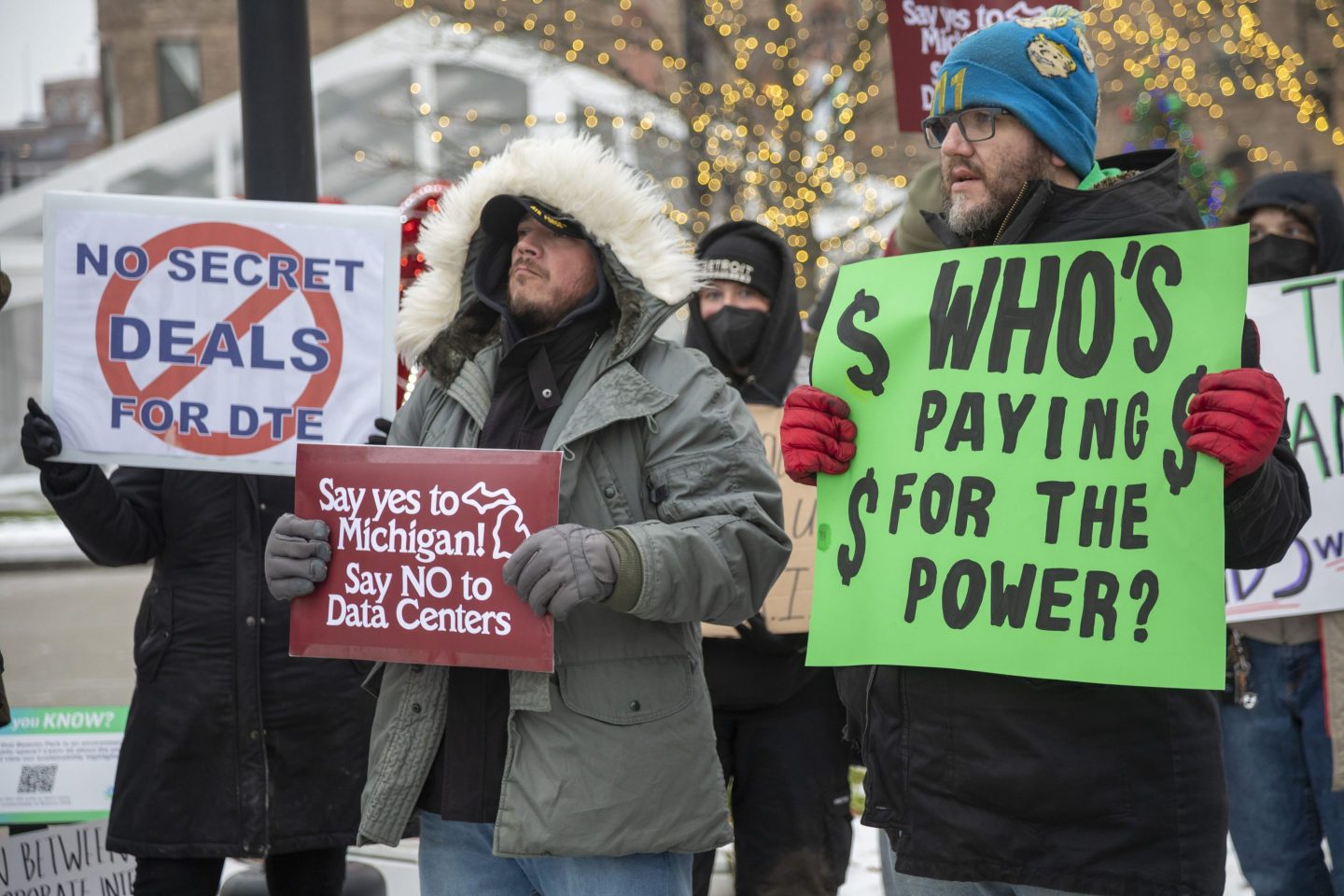 Detroit, Michigan, Residents picket DTE Energy, opposing the electric utility's plan to provide power for a proposed $7 billion data center in rural Michigan.